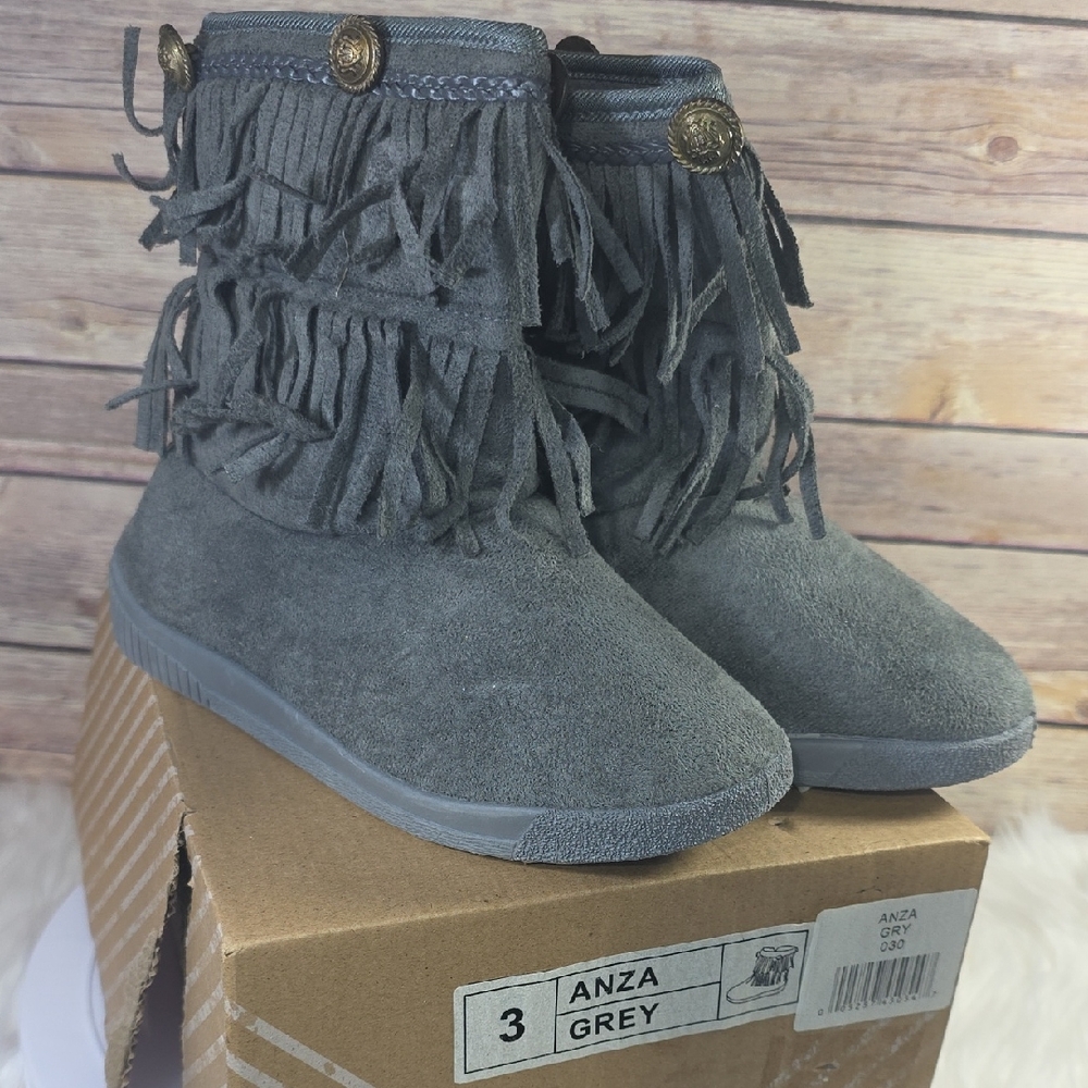 Kids Grey Fringe Suede Boots